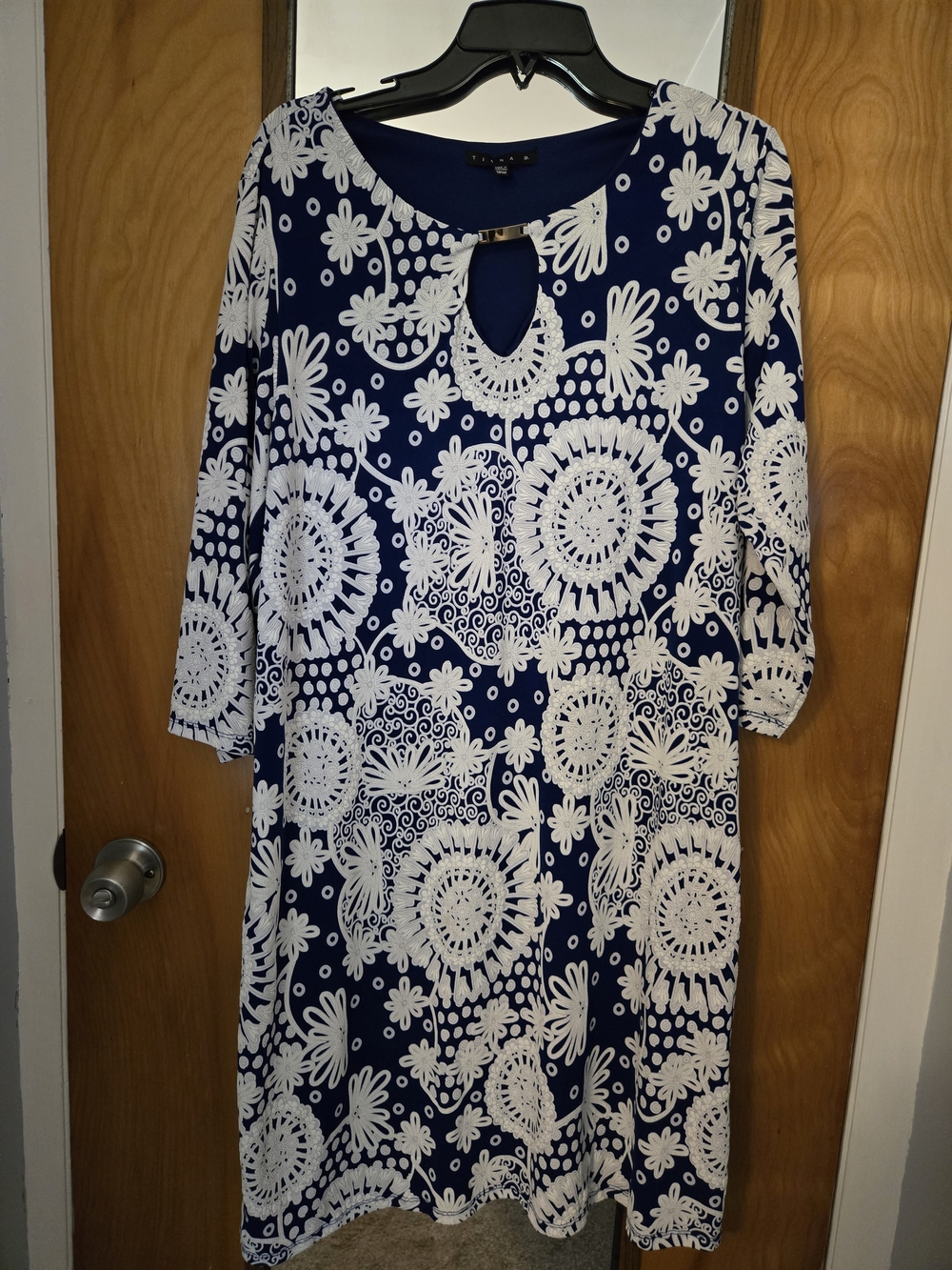 Tiana B. Navy Blue Floral Keyhole Dress with Gold Accent